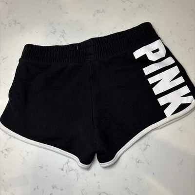 Victoria Secret ROSA Mini Botín Pantalones Cortos para Sudar Logo + Perro Negro Blanco Borde Talla Pequeña Foto 1 de 4