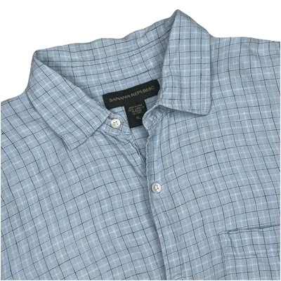 Banana Republic 100% Linen Mens XL S/S  Button Up Light Blue Tattersall Plaid - Image 1 of 4