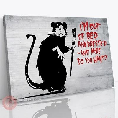 BANKSY I'M OUT OF BED RATA GRAFFITI CALLEJERO ARTE PARED LIENZO IMPRESIÓN ENMARCADA Foto 1 de 4