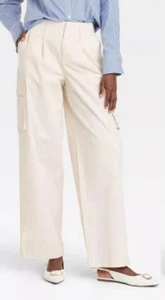A New Day Women's High Rise Wide Leg Classic Fit Full Cargo Cream Size 2 - Picture 1 of 3