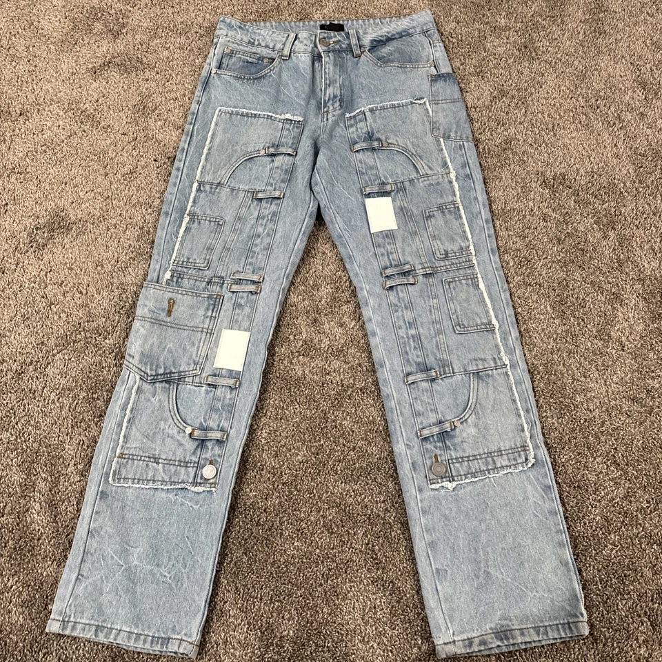 BoohooMAN Light wash carpenter/cargo Denim Jeans, Straps, Buttons 32 - Image 1 of 4