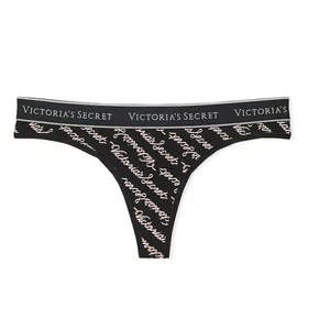 Victoria's Secret Women's Panties Size L Black Logo Script Cotton Thong  - Picture 1 of 4