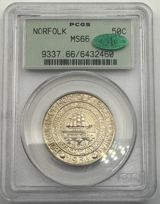 1936 Norfolk Commemorative Half DollarPCGS OGH CAC MS66 GEM! LUSTER! - Image 1 of 2