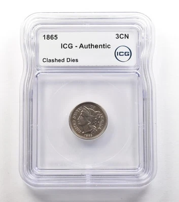 1865 Three Cent Nickel Clashed Dies Authentic ICG *5607 - Image 1 of 3