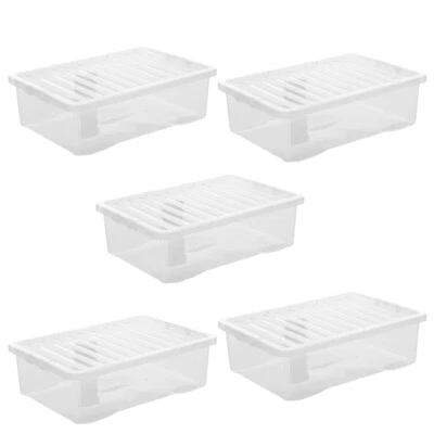 5 x 32 Litres Large Storage Box With Lids Home Underbed Clear Plastic - UK Made  - Image 1 of 4