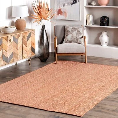 Rug Jute Peach Color Rectangle Handmade Braided Home Living Area Decor Modern - Image 1 of 4