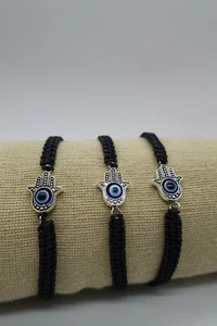 x12 Macrame Hamsa hand bracelet black cord evil eyes - Picture 1 of 9
