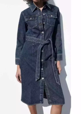 Zara The Doro Denim Shirt Dress Front Pockets Buttons Medium Dark Wash XS NWT - Image 1 of 4