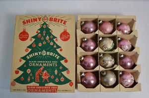 12 Vintage Shiny Brite Pink & Glitter Glass Christmas Tree Ornaments & Box - Picture 1 of 24