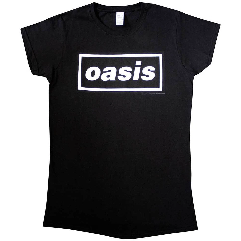 Camiseta ajustada negra con logotipo de Oasis Decca para mujer NUEVA OFICIAL