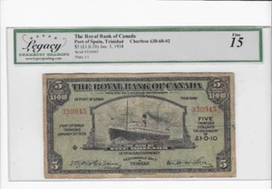 1938 Royal Bank; Trinidad  $5 Cat# 630-68-02 SN# 330945  LEGACY F-15 Comm. - Picture 1 of 2