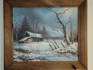 Dipinto olio su tela vintage fienile casa campo innevato alberi firmato Rozario - Foto 1 di 12