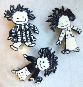 lot 3 Vintage Steinmetz Signed Enamel Girl Wild Child Brooch SFJ Black & White - Picture 1 of 5