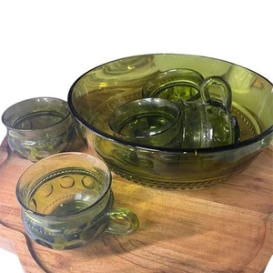 Vintage Indiana Glass Thumbprint Green Punch Bowl & Cups Set - Picture 1 of 2
