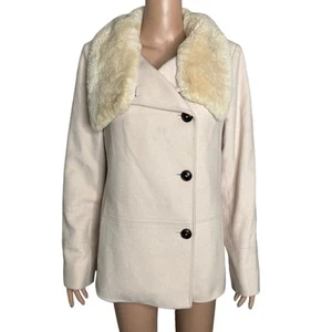 Cole Haan Cashmere Wool Blend Coat Womens 10 Beaver Fur Collar Ivory - Picture 1 of 20