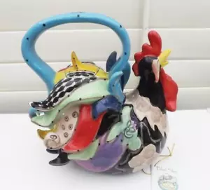 FANKY BLACK ROOSTER TEAPOT AMAZING COLORS COLLECTABLE CERAMIC BLUE SKY NEW - Picture 1 of 3
