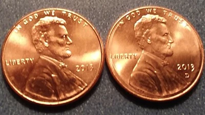 2013 P&D Brilliant Uncirculated Lincoln Shield Cents(2 coins) Ships Free BU cond - Image 1 of 2