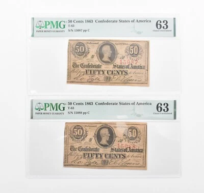 Lot (2) PMG 63 1863 50 Cents Confederate Consecutive Notes T63 *1137 - Image 1 of 3