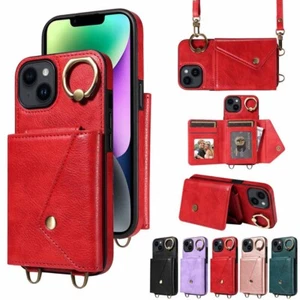 For iPhone 14 13 12 11 SE XS 7 8 Ring Holder Wallet Card Slot Leather Case Cover - Picture 1 of 76
