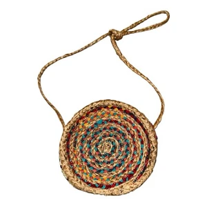 Borsa tote rotonda Shiraleah Chicago juta/cotone tessuto straccio mercato boho hippie - Foto 1 di 7