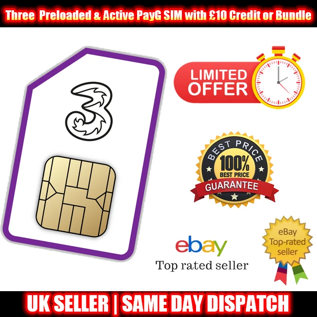 Three Pay As You Go UK Sim with £10 Credit or Bundle - LIMITED OFFER