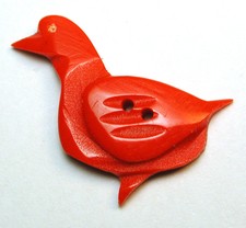 Vintage Casein Button Hand Carved Red Realistic Duck - So Cute! 7/8"   1930s