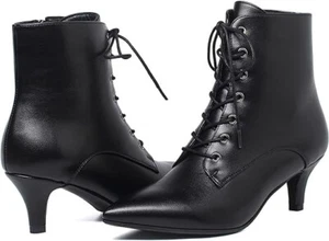 Mujeres Gatito Tacones Cordones Botines Cremallera Lateral Cuero Negro PU Talla 10 - Imagen 1 de 13