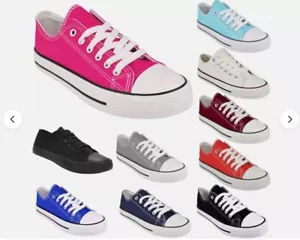 WOMENS TRAINERS CANVAS SHOES UK PLIMSOLLS FLAT LACE UP LADIES BOOTS SNEAKERS - Picture 1 of 12