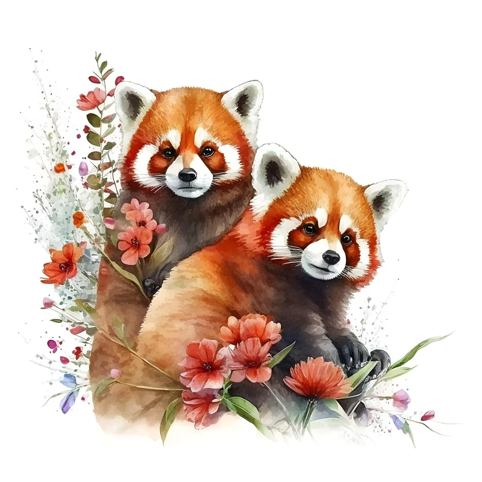 Colorful Watercolor Fantasy Red Panda Floral #2 - 8x8 Craft Cotton Fabric Block - Image 1 of 1