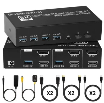 8K KVM 2PC 2 Monitor 8K@60Hz 4K@120Hz 2K@144Hz Displayport DP HDMI USB + Kabel - Bild 1 von 4