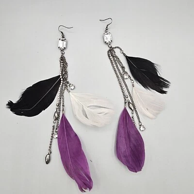 Large Feather Earrings Pierced Ear Shoulder Duster Purple Black White Rhinestone - Image 1 of 4