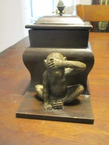 Monkey hiding his eyes sitting on wooden storage lidded keepsake box - Picture 1 of 8