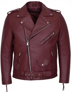 Herren Echt Leder Jacke Kirschrot Biker Style Rindsleder - Bild 1 von 3