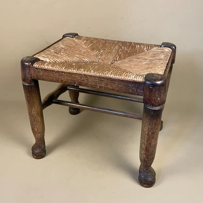 Antique Wooden Foot Stool Woven Wood Cottage Furniture Brown Straw Rectangle - Image 1 of 4