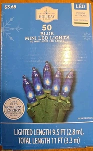 50 blaue LED Mini Lichter 9,5 Fuß beleuchtet grüner Draht Innen/Außen Urlaub Zeit - Bild 1 von 3
