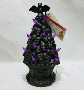 Spooky Village 10" Halloween Black Skull Ceramic Tree with Purple Lights - Picture 1 of 10