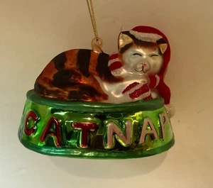 Vintage Blown Glass Cat Nap Kitty Cat Christmas Ornament 4.5” - Picture 1 of 3