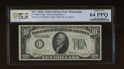 DBR 1934-A $10 FRN Philadelphia Fr. 2006-C PCGS-B 64 PPQ Serial C51540965A - Image 1 of 2