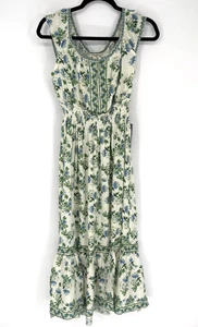 Max Studio Dress Womens Small Blue Floral Smocked Waist Ruffle Hem Boho Midi - Picture 1 of 12