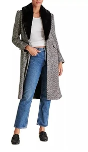 Steve Madden Womens Dienne Faux Fur Trim Herringbone Tweed Coat Sz L NWT - Picture 1 of 21