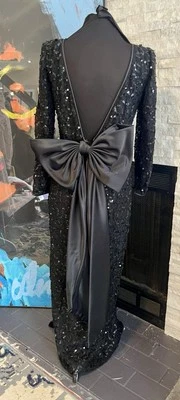VTG Lillie Rubin Black Lace Sequin Gown HUGE Back Satin Bow Size 10 - Image 1 of 4