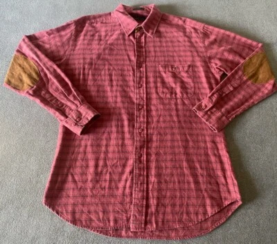 Abercrombie & Fitch Vintage Men's L Red Plaid Shirt Leather Trim Elbow Patches - Image 1 of 4
