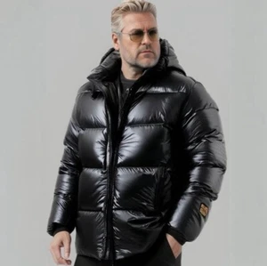 100% Down FEATHER FILL Down PUFFER JACKET Winter Coat Shiny Black - Picture 1 of 6