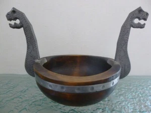 Wooden Handmade Bowl with Saga Tinn Pewter Norway Dragon / Serpent Heads - Picture 1 of 7