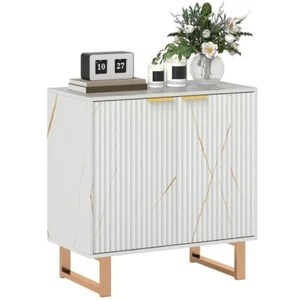White Fluted Sideboard Cabinet with Gold Legs – Marble Effect Storage Unit - Picture 1 of 12