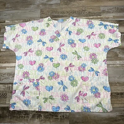 Women's HQ Scrub top white pink dragonfly Nurse Medical - Image 1 of 4
