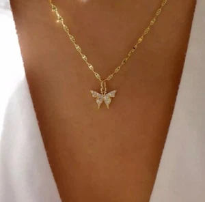 Women's Fashion Jewelry Gold Cubic Zircon Butterfly Pendant Necklace 294-18 - Picture 1 of 1