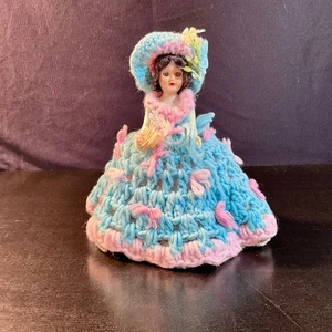 Vintage Crochet Doll Toilet Paper Cover Blue Pink Handmade Cottagecore Granny - Picture 1 of 6