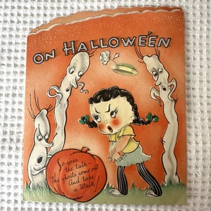 Vintage Halloween Greeting Card Meryle Girl White Ghosts Orange Pumpkins - Picture 1 of 13