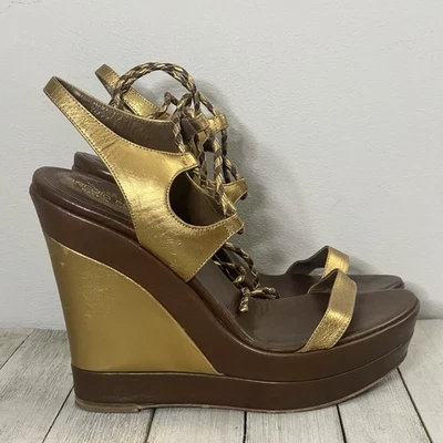 Sergio Rossi Metallic Leather Lace Up Strappy Platform Wedge Sandals Italy 38/8 - Image 1 of 4